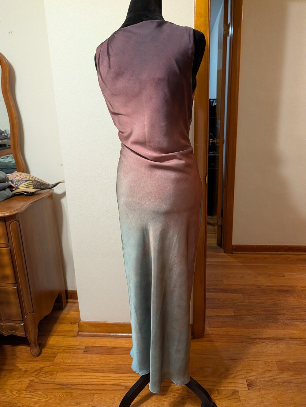 Zara Satin Effect Purple Sea Green Ombre Cowl Neck Midi Dress - Picture 5 of 11